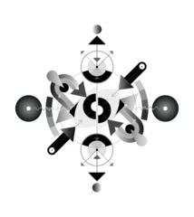 Fotobehang Abstract design includes an eye divided into two halves, geometric shapes, rounds and arrows. Greyscale vector image isolated on a white background. ©  danjazzia