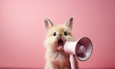 Cute Easter Bunny holding megaphone and roaring