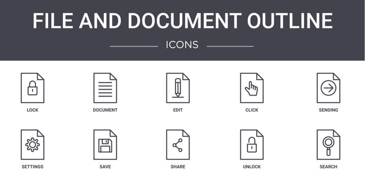 file and document outline concept line icons set. contains icons usable for web, logo, ui/ux such as document, click, settings, share, unlock, search, sending, edit