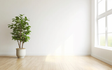 Empty white room interior with plant pot on a wooden floor