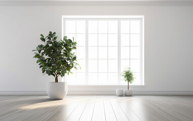 Fototapeta na wymiar Empty white room interior with plant pot on a wooden floor