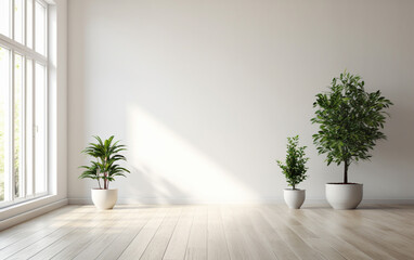 Empty white room interior with plant pot on a wooden floor