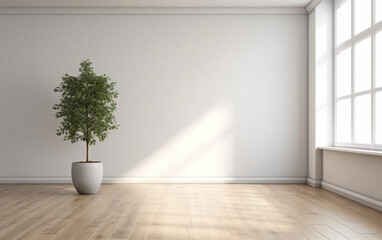 Fototapeta na wymiar Empty white room interior with plant pot on a wooden floor