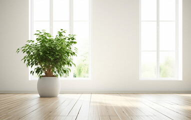 Empty white room interior with plant pot on a wooden floor