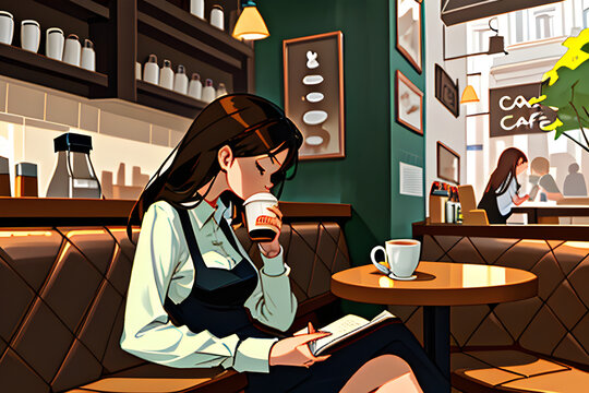 Draw a woman reading while drinking coffee in a cafe. Genarative AI