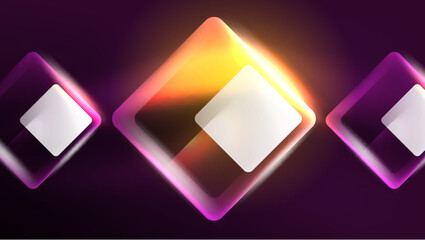 Abstract background landing page, glass geometric shapes with glowing neon light reflections, energy effect concept on glossy forms