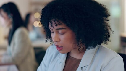 Call center, fatigue or tired woman with burnout after consulting in customer service or CRM office. Depression, stress or overworked female virtual consultant taking break at telemarketing support