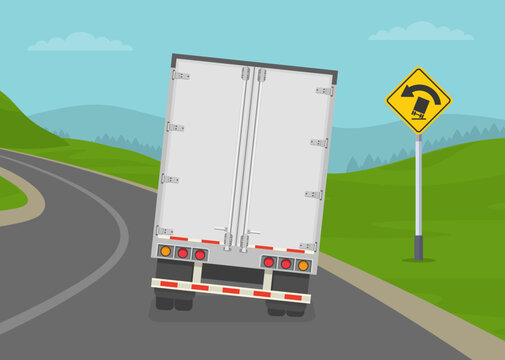 Back view of a semi-trailer about to rollover on turning road. Truck rollover traffic sign. Flat vector illustration template.