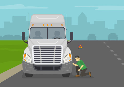 Front view of a semi-trailer driver checking the front tire on road. Maintaining and inspecting truck tires. Flat vector illustration template.