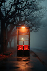 lonely rural bus stop in the morning mist. AI generative