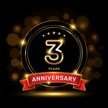 3 year anniversary logo with a gold emblem shape and red ribbon, logo template vector