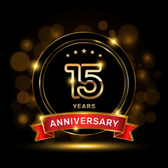15 year anniversary logo with a gold emblem shape and red ribbon, logo template vector