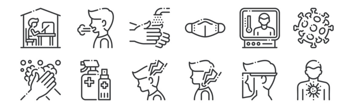 12 set of linear virus spread icons. thin outline icons such as person, sore throat, alcohol, screening, washing, sneeze for web, mobile.