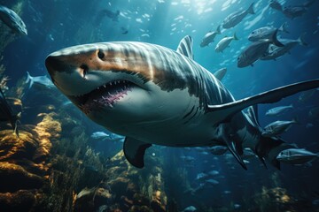 Fototapeta premium Scary shark with open jaws. Generative AI