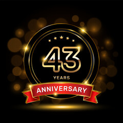 43 year anniversary logo with a gold emblem shape and red ribbon, logo template vector - obrazy, fototapety, plakaty
