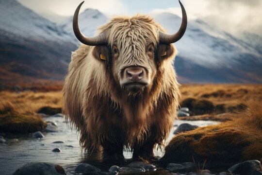 Domestic yak with mountains in the background. Generative AI