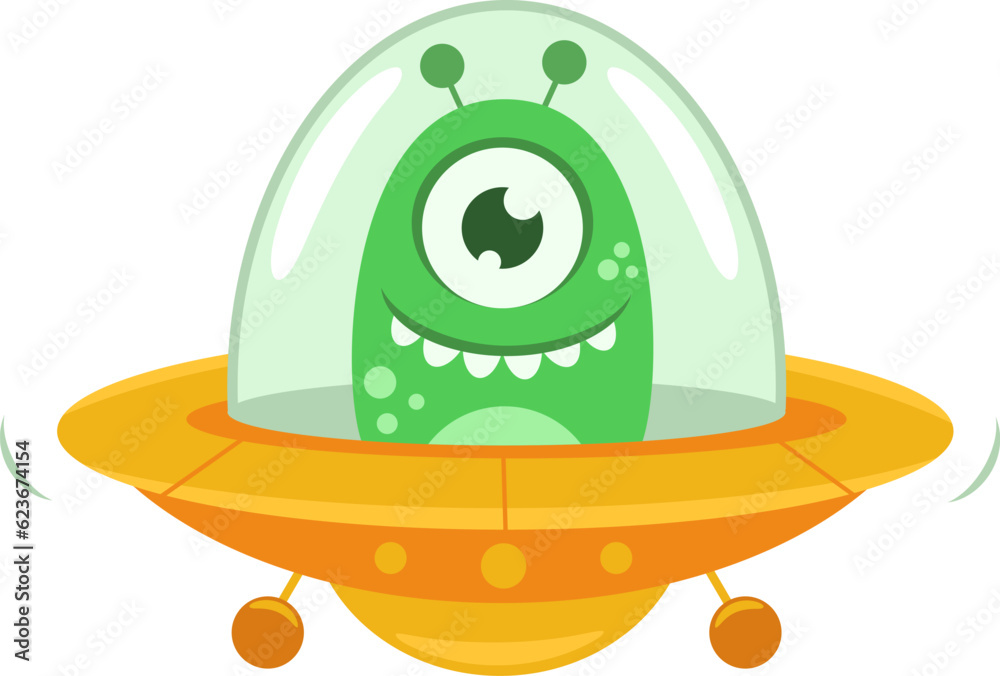 Wall mural Ufo Cute Alien Cartoon Character In A Flying Saucer. Vector Illustration Flat Design Isolated On Transparent Background