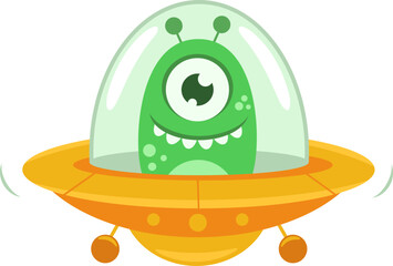 Ufo Cute Alien Cartoon Character In A Flying Saucer. Vector Illustration Flat Design Isolated On Transparent Background