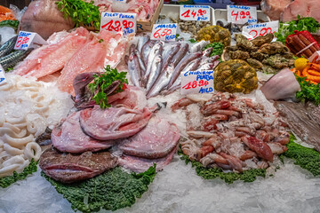 Fish, seafood and clams for sale at a market in Barcelona