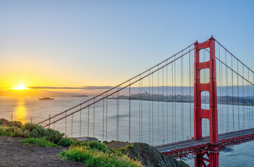 The famous Golden Gate Bridge in San Francisco at sunrise