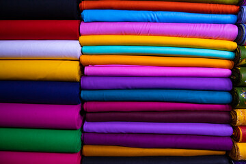 Artistic variety shade tone colors Textile Fabrics stacked on retail Shop Shelf to sale