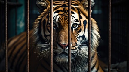 Close up of face of Bengal tiger in cage. - obrazy, fototapety, plakaty