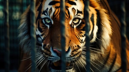 Close up of face of Bengal tiger in cage.
