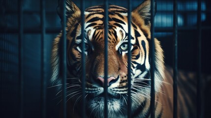 Close up of face of Bengal tiger in cage.