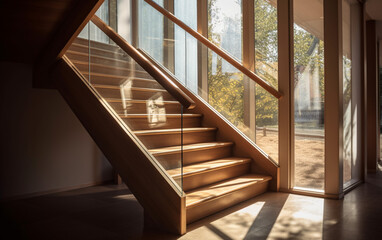 Staircase with glass, wood handle and sunlight