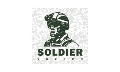 Vector graphic simple green portrait of a modern soldier. Stencil of a warrior in a helmet and tactical goggles. Spotted camouflage gray background.