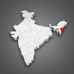 Manipur state location within India map. 3D Illustration