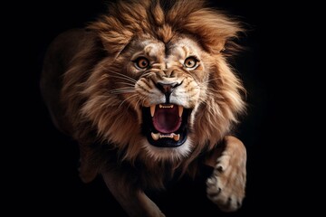 Fototapeta na wymiar An angry lion with an open mouth. expression of anger. Portrait of a big male lion with open mouth on a dark background. Generative AI technology