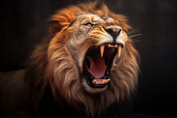 Fototapeta premium An angry lion with an open mouth. expression of anger. Portrait of a big male lion with open mouth on a dark background. Generative AI technology
