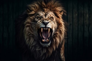 An angry lion with an open mouth. expression of anger. Portrait of a big male lion with open mouth on a dark background. Generative AI technology