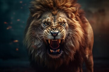 An angry lion with an open mouth. expression of anger. Portrait of a big male lion with open mouth on a dark background. Generative AI technology