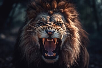 Naklejka premium An angry lion with an open mouth. expression of anger. Portrait of a big male lion with open mouth on a dark background. Generative AI technology