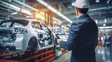 Male Mechanic Uses a Tablet Computer with an Augmented Reality Diagnostics Software. Specialist Inspecting Car