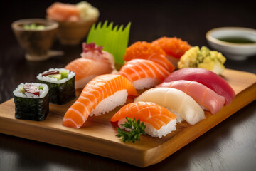 japanese food roll set seafood fish japan rice meal sushi. Generative AI.