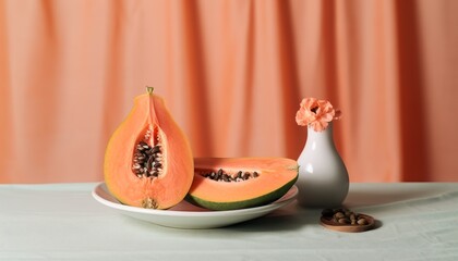 A piece of fresh papaya on it cut in half on a plate next to a vase with simple flowers. Minimalism background, natural concept