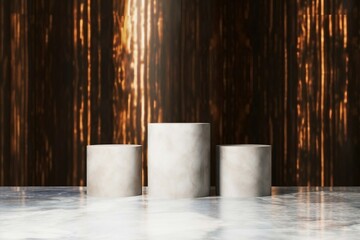 メタリックなこげ茶背景に白とグレーのマーブルの三つの円柱の展示台がある抽象バナー。AI生成画像