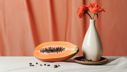 A piece of fresh papaya on it cut in half on a plate next to a vase with simple flowers. Minimalism background, natural concept