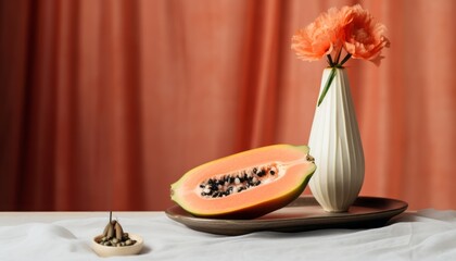 A piece of fresh papaya on it cut in half on a plate next to a vase with simple flowers. Minimalism background, natural concept