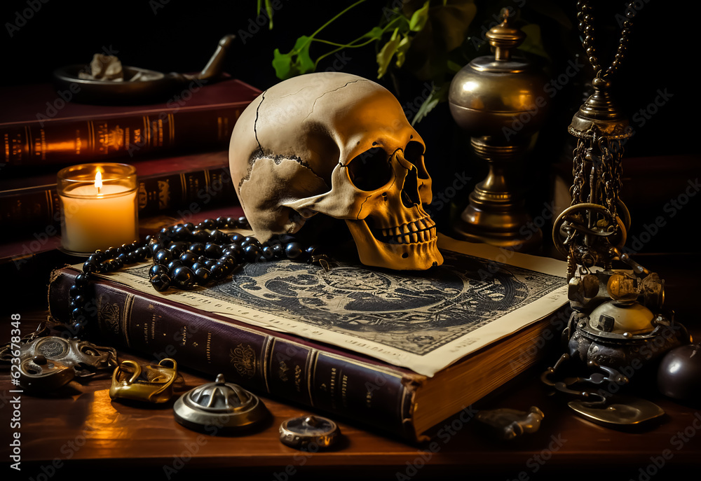 Wall mural Mysterious still life Voodoo Black magic with burning candles, skull, grimoire book and tarot cards on witch table. Esoteric, gothic and occult background, Halloween mystic concept.