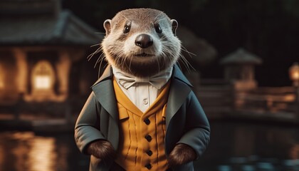 Animated funny otter in 1800 clothes, elegant animal, smart and astute