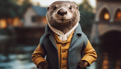 Animated funny otter in 1800 clothes, elegant animal, smart and astute