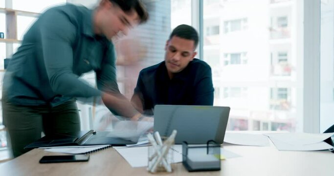 Businessman, stress and overwhelmed with documents in time lapse, fast or busy office at workplace. Frustrated and tired man or employee in depression, anxiety or overworked with paperwork on desk