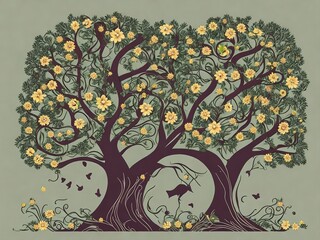 Floral Elegant colorful tree with leaves and flowers. wallpaper for interior