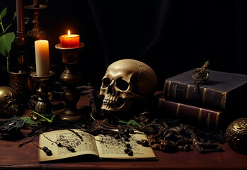 Mysterious still life Voodoo Black magic with burning candles, skull, grimoire book and tarot cards on witch table. Esoteric, gothic and occult background, Halloween mystic concept.