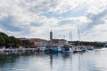 Fototapeta na wymiar City Krk on Croatia island Krk with harbor and ship