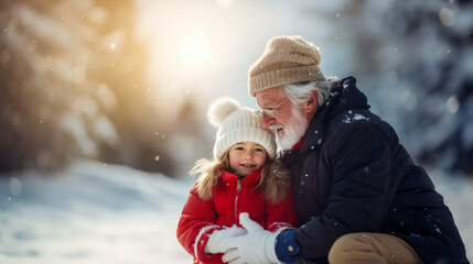 Fototapeta na wymiar Grandfather and granddaughter in the snow, happy
